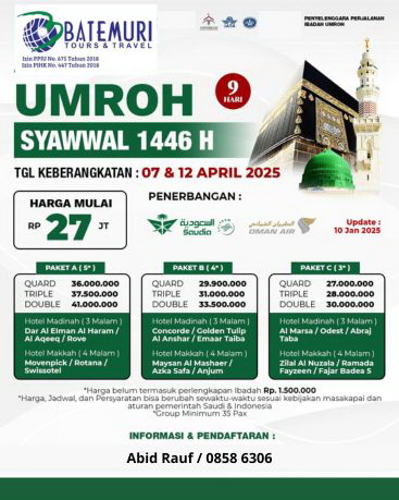 Paket Umroh Syawal , Btt - Ast, 9 hari, Keberangkatan 7 & 12 April 2025 